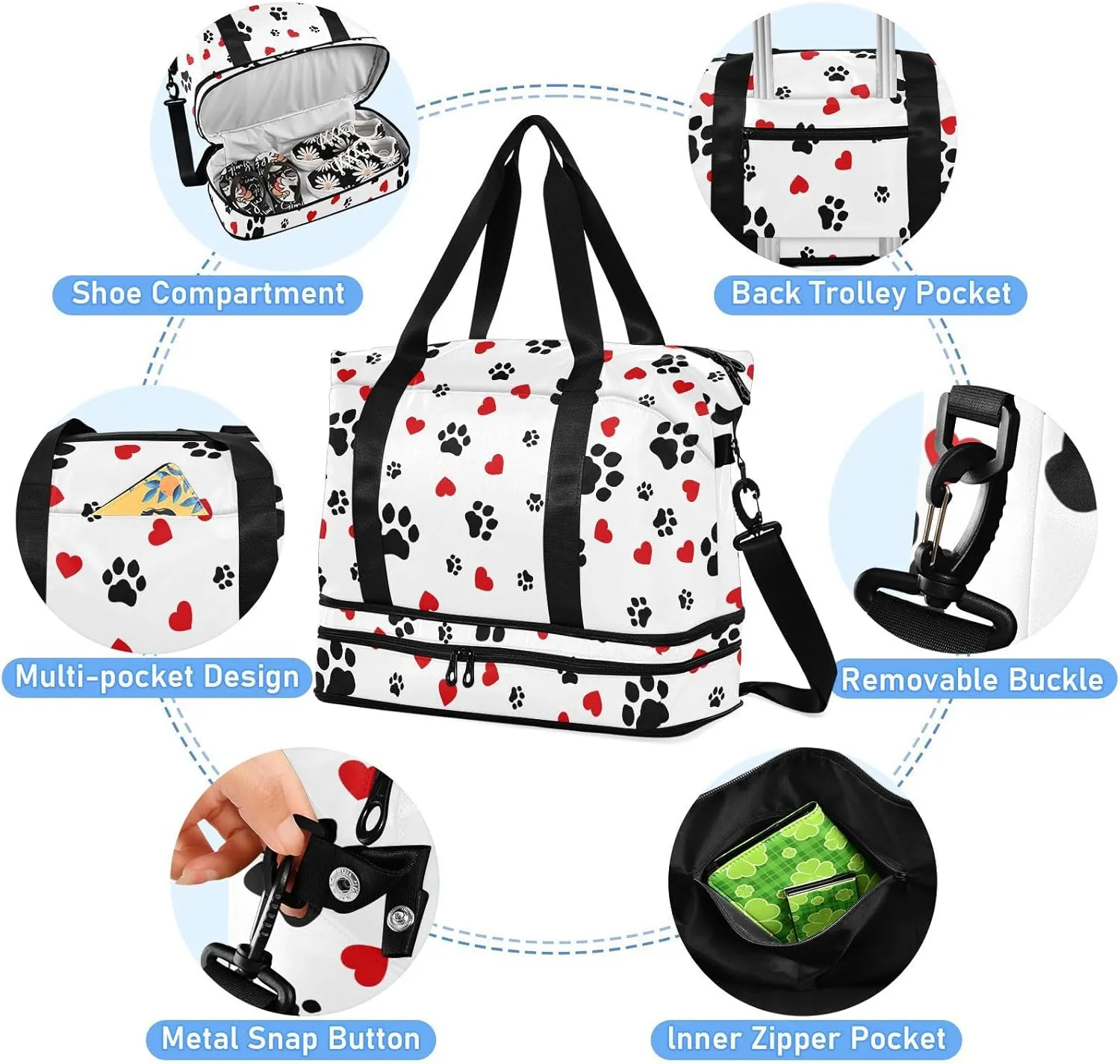 ALAZA Dog Cat Paw Print Love Heart Travel Duffel Bag for Women Men Sports Gym Bag with Shoe Compartment Tote Weekender Overnight Bags with Wet Pocket for Travel,Gym,Yoga,Swimming