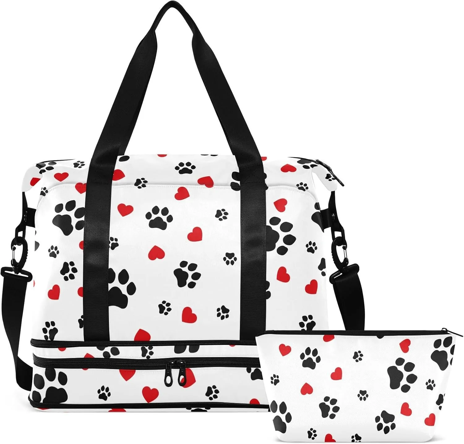 ALAZA Dog Cat Paw Print Love Heart Travel Duffel Bag for Women Men Sports Gym Bag with Shoe Compartment Tote Weekender Overnight Bags with Wet Pocket for Travel,Gym,Yoga,Swimming