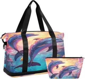 ALAZA Dolphin Painting Art Travel Duffel Bag for Women Men Sports Gym Bag with Shoe Compartment Tote Weekender Overnight Bag with Wet Pocket for Travel, Gym,Yoga,Swimming