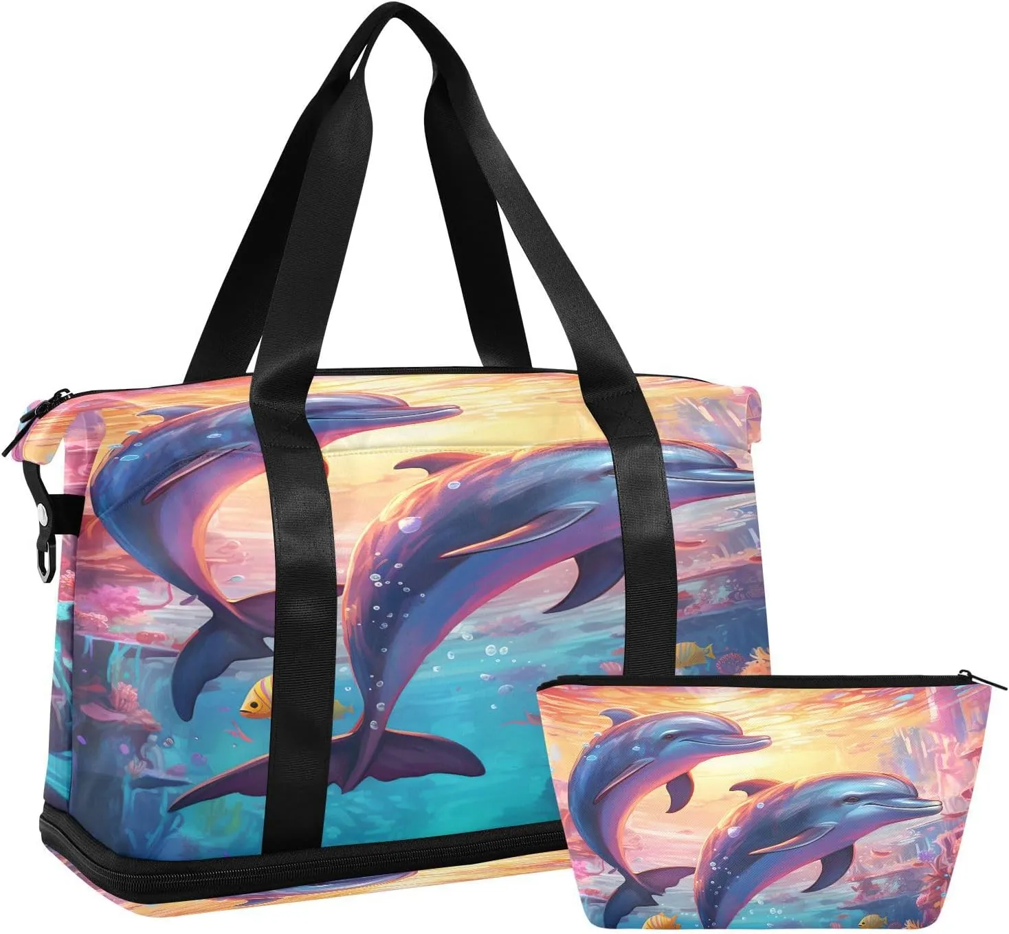 ALAZA Dolphin Painting Art Travel Duffel Bag for Women Men Sports Gym Bag with Shoe Compartment Tote Weekender Overnight Bag with Wet Pocket for Travel, Gym,Yoga,Swimming