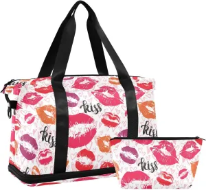 ALAZA Fashion Kisses Lips Love Heart Travel Duffel Bag for Women Men Sports Gym Bag with Shoe Compartment Tote Weekender Overnight Bag with Wet Pocket for Travel, Gym,Yoga,Swimming
