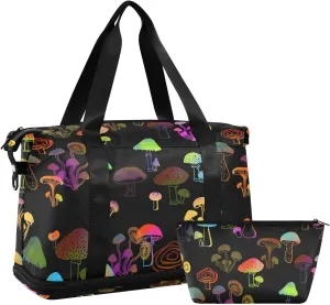 ALAZA Magic Rainbow Mushroom Black Travel Duffel Bag for Women Men Sports Gym Bag with Shoe Compartment Tote Weekender Overnight Bag with Wet Pocket for Travel,Gym,Yoga,Swimming
