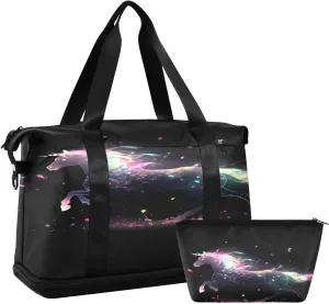 ALAZA Magic Unicorn Horse Rainbow Travel Duffel Bag for Women Men Sports Gym Bag with Shoe Compartment Tote Weekender Overnight Bag with Wet Pocket for Travel, Gym,Yoga,Swimming
