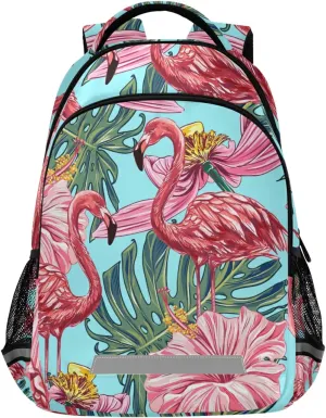 ALAZA Pink Flamingo Tropical Flowers Blue Backpacks for Girls Boys Kids School Book Bags 3rd 4th 5th Grade Laptop Casual Daypack Travel Shoulder Bag with Chest Strap