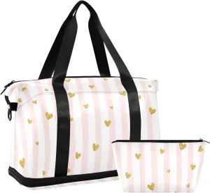 ALAZA Pink Striped Gold Heart Travel Duffel Bag for Women Men Sports Gym Bag with Shoe Compartment Tote Weekender Overnight Bag with Wet Pocket for Travel, Gym,Yoga,Swimming