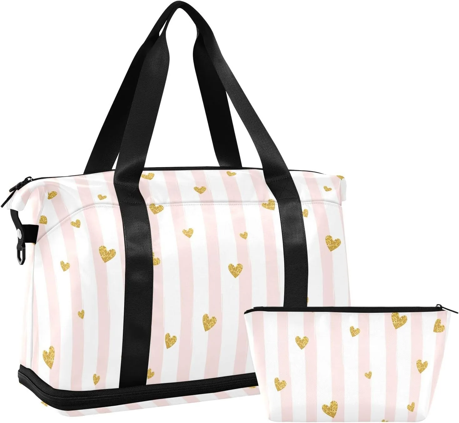 ALAZA Pink Striped Gold Heart Travel Duffel Bag for Women Men Sports Gym Bag with Shoe Compartment Tote Weekender Overnight Bag with Wet Pocket for Travel, Gym,Yoga,Swimming