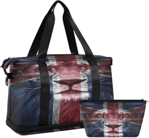 ALAZA Portrait Of Lion on Uk Flag Travel Duffel Bag for Women Men Sports Gym Bag with Shoe Compartment Tote Weekender Overnight Bag with Wet Pocket for Travel, Gym,Yoga,Swimming