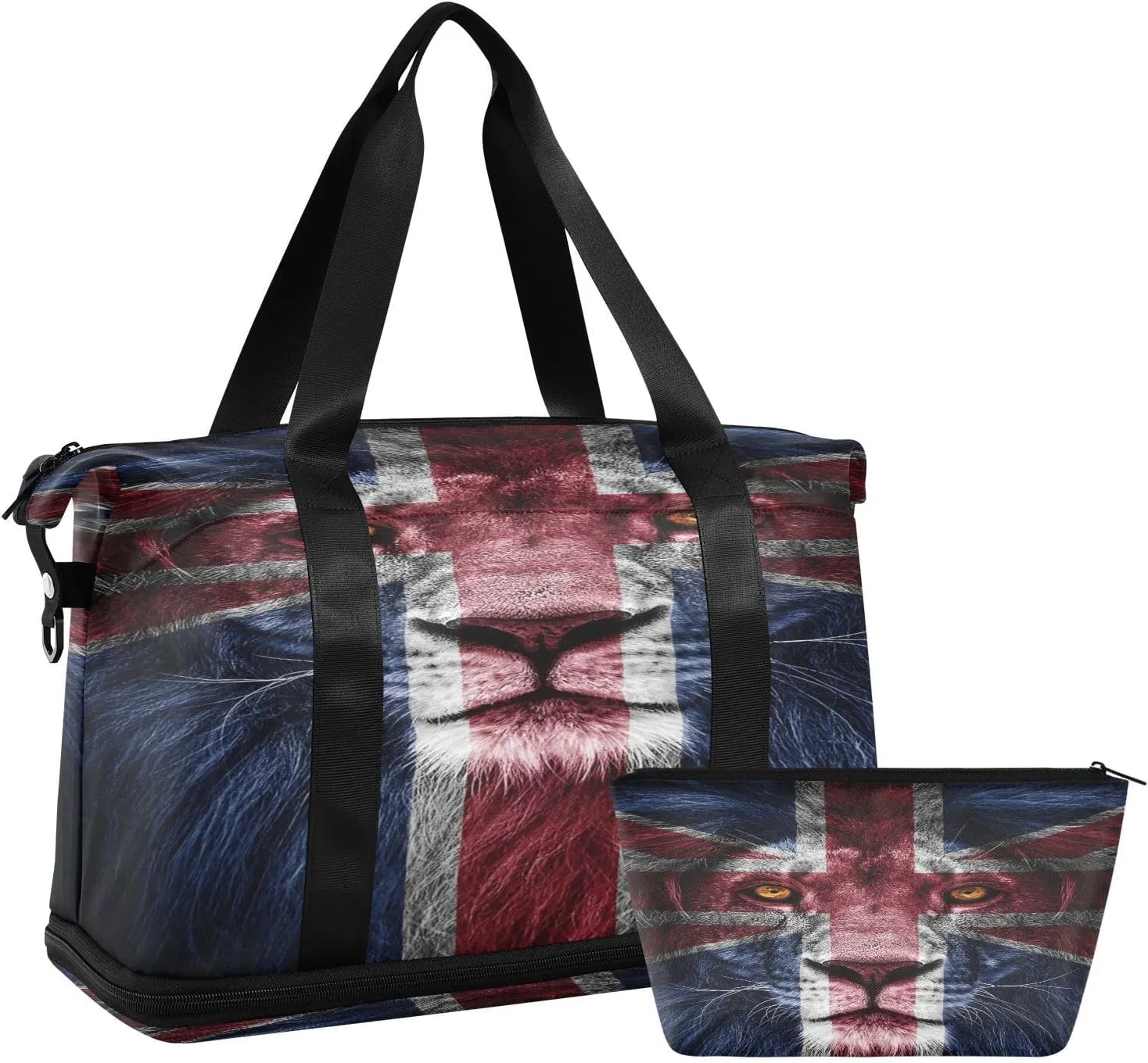ALAZA Portrait Of Lion on Uk Flag Travel Duffel Bag for Women Men Sports Gym Bag with Shoe Compartment Tote Weekender Overnight Bag with Wet Pocket for Travel, Gym,Yoga,Swimming