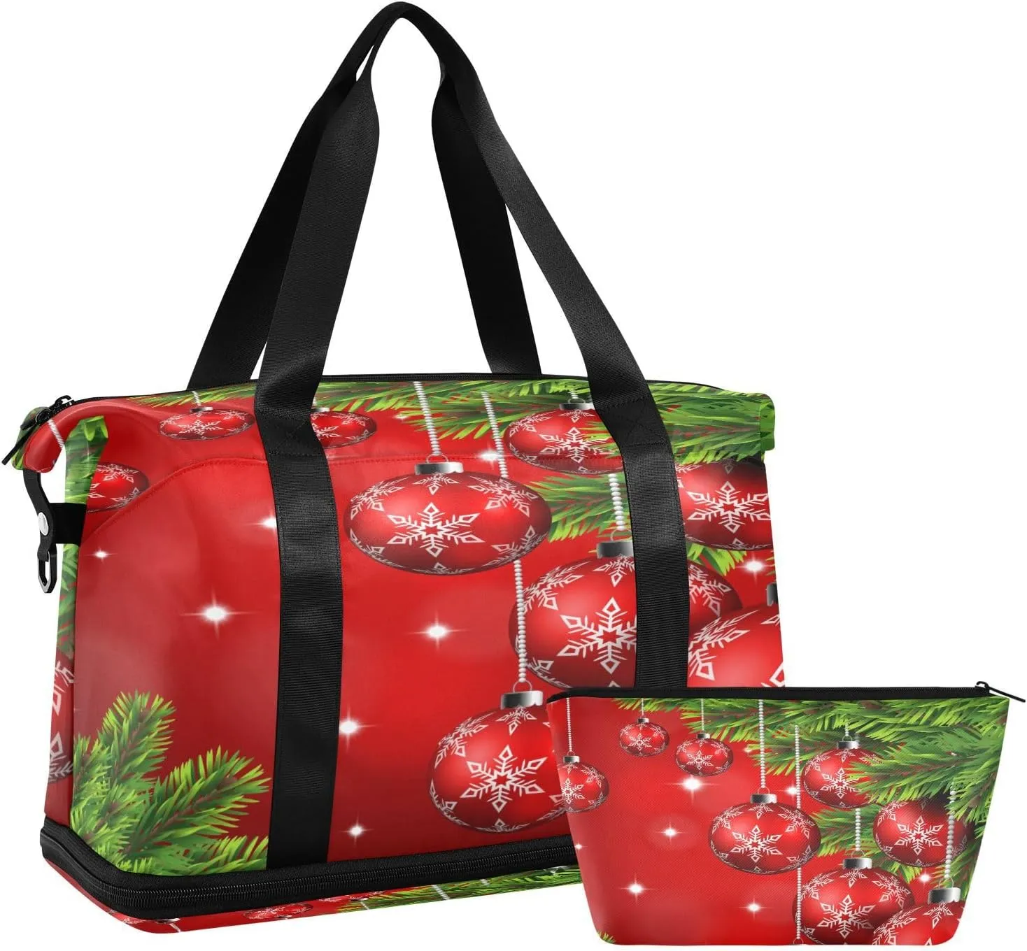 ALAZA Red Christmas Balls Pine Leaves Travel Duffel Bag for Women Men Sports Gym Bag with Shoe Compartment Tote Weekender Overnight Bag with Wet Pocket for Travel, Gym,Yoga,Swimming