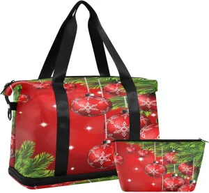 ALAZA Red Christmas Balls Pine Leaves Travel Duffel Bag for Women Men Sports Gym Bag with Shoe Compartment Tote Weekender Overnight Bag with Wet Pocket for Travel, Gym,Yoga,Swimming