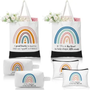 Aliceset 6 Pcs Teacher Appreciation Gifts Canvas Tote and Makeup Bag Teacher Appreciation Thank You Gifts for Women Reusable Bag retirement