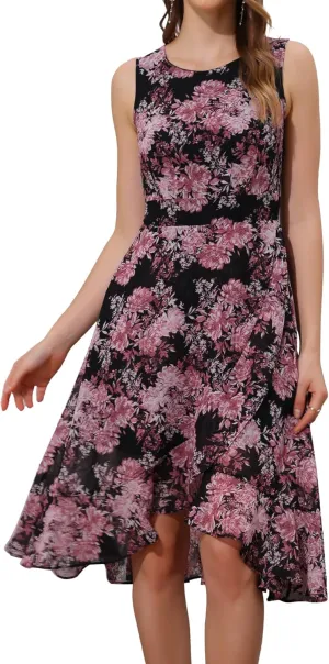 Allegra K Women's Summer Dresses 2025 Wrap Ruffle High Low Hem Round Neck Keyhole Back Sleeveless Floral Dress