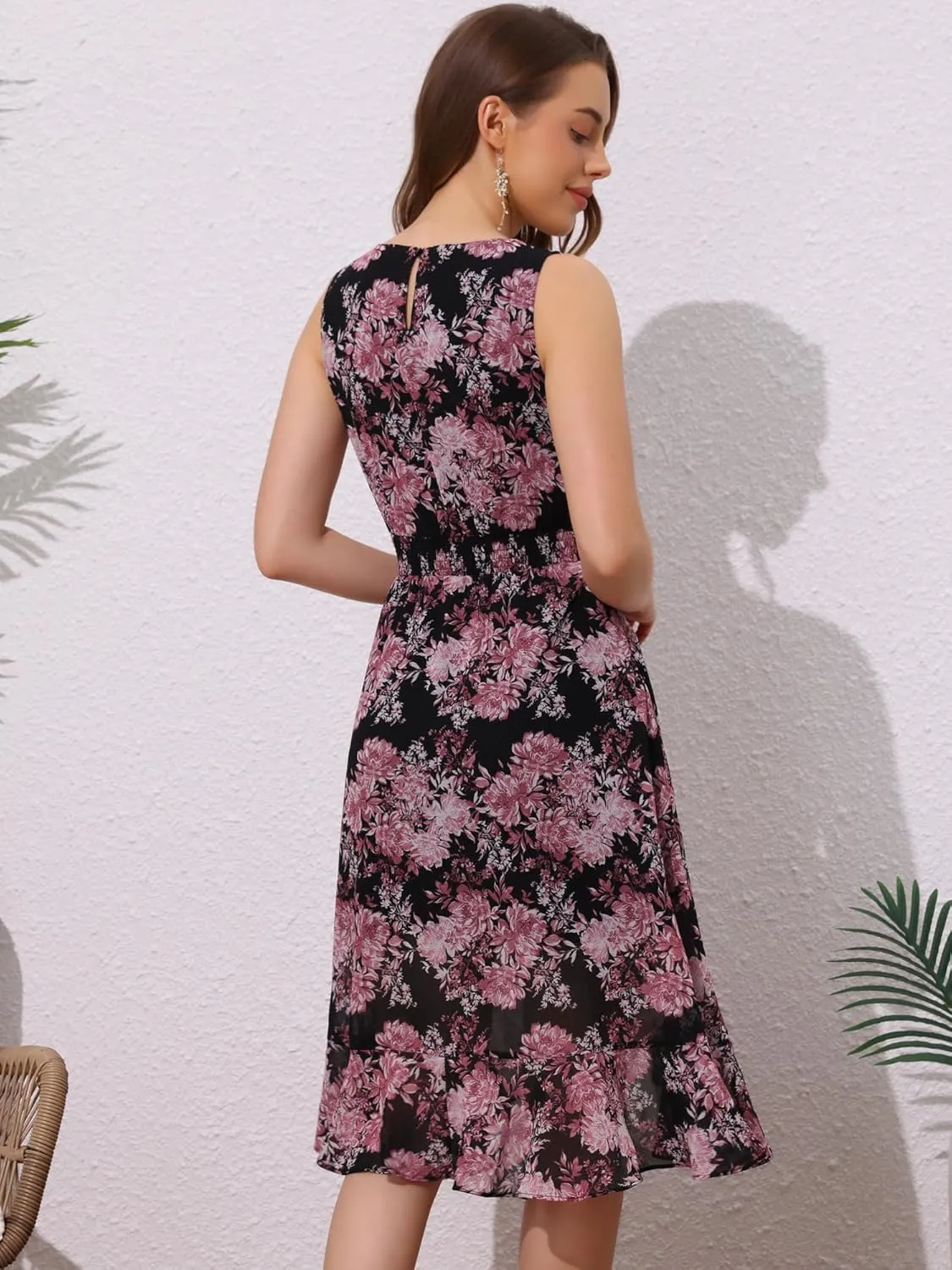 Allegra K Women's Summer Dresses 2025 Wrap Ruffle High Low Hem Round Neck Keyhole Back Sleeveless Floral Dress