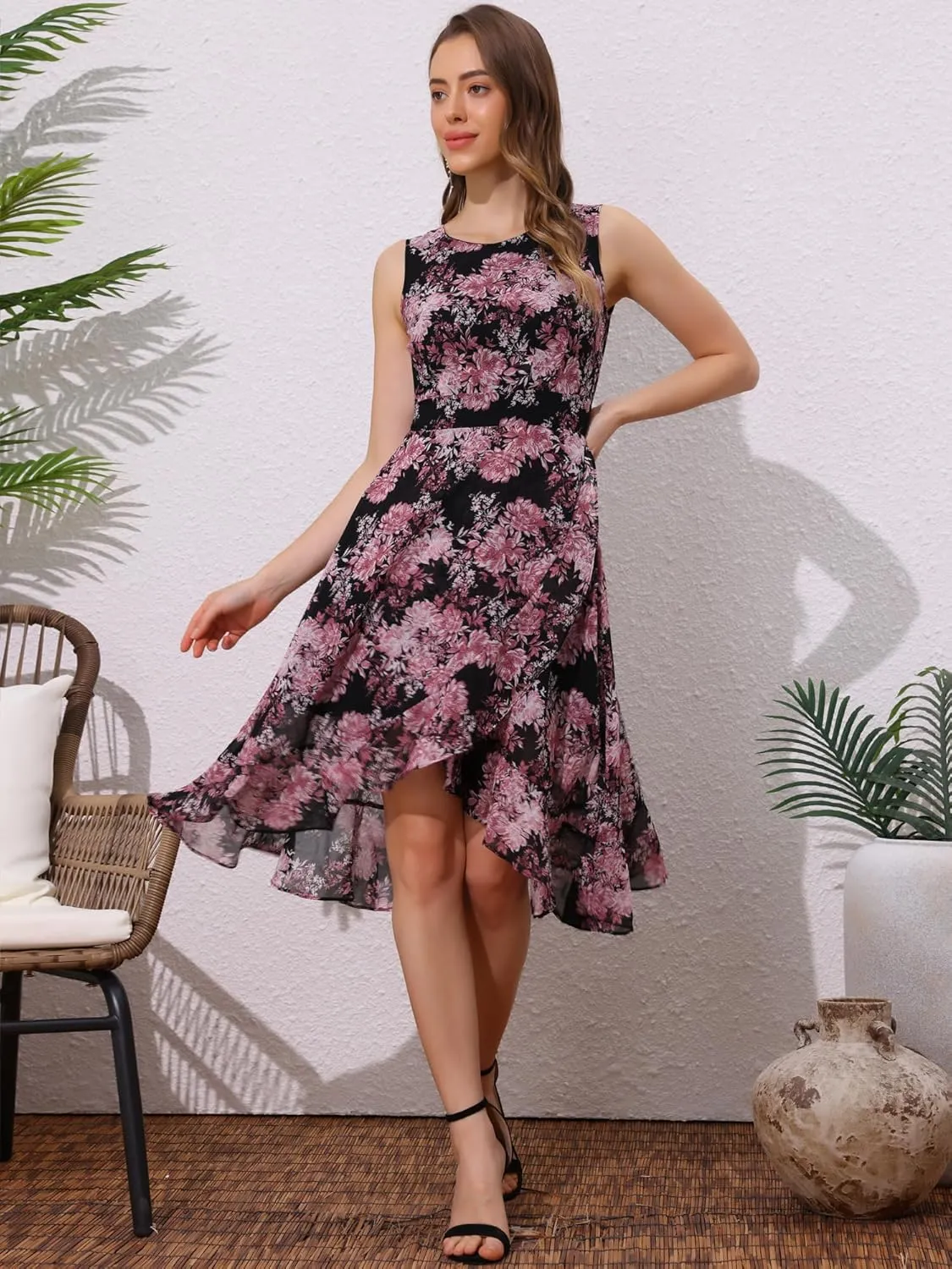 Allegra K Women's Summer Dresses 2025 Wrap Ruffle High Low Hem Round Neck Keyhole Back Sleeveless Floral Dress