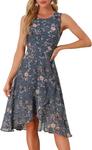 Allegra K Women's Summer Dresses 2025 Wrap Ruffle High Low Hem Round Neck Keyhole Back Sleeveless Floral Dress