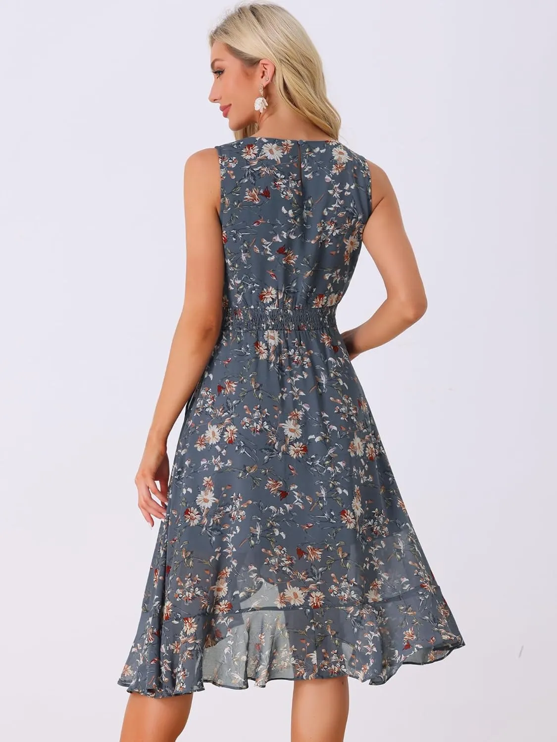 Allegra K Women's Summer Dresses 2025 Wrap Ruffle High Low Hem Round Neck Keyhole Back Sleeveless Floral Dress