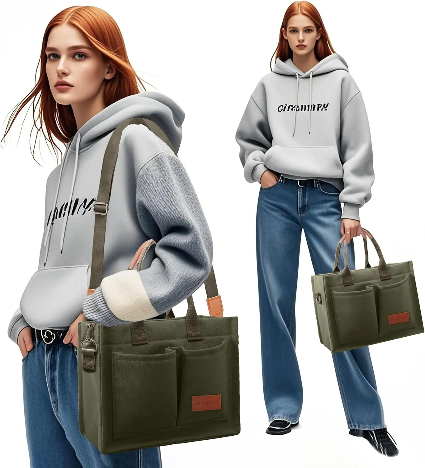 ALUWU Work Tote Bags for Women, Canvas Tote bag Womens Purse Handbags Crossbody Laptop Book Bag for Travel Nurse College Gift