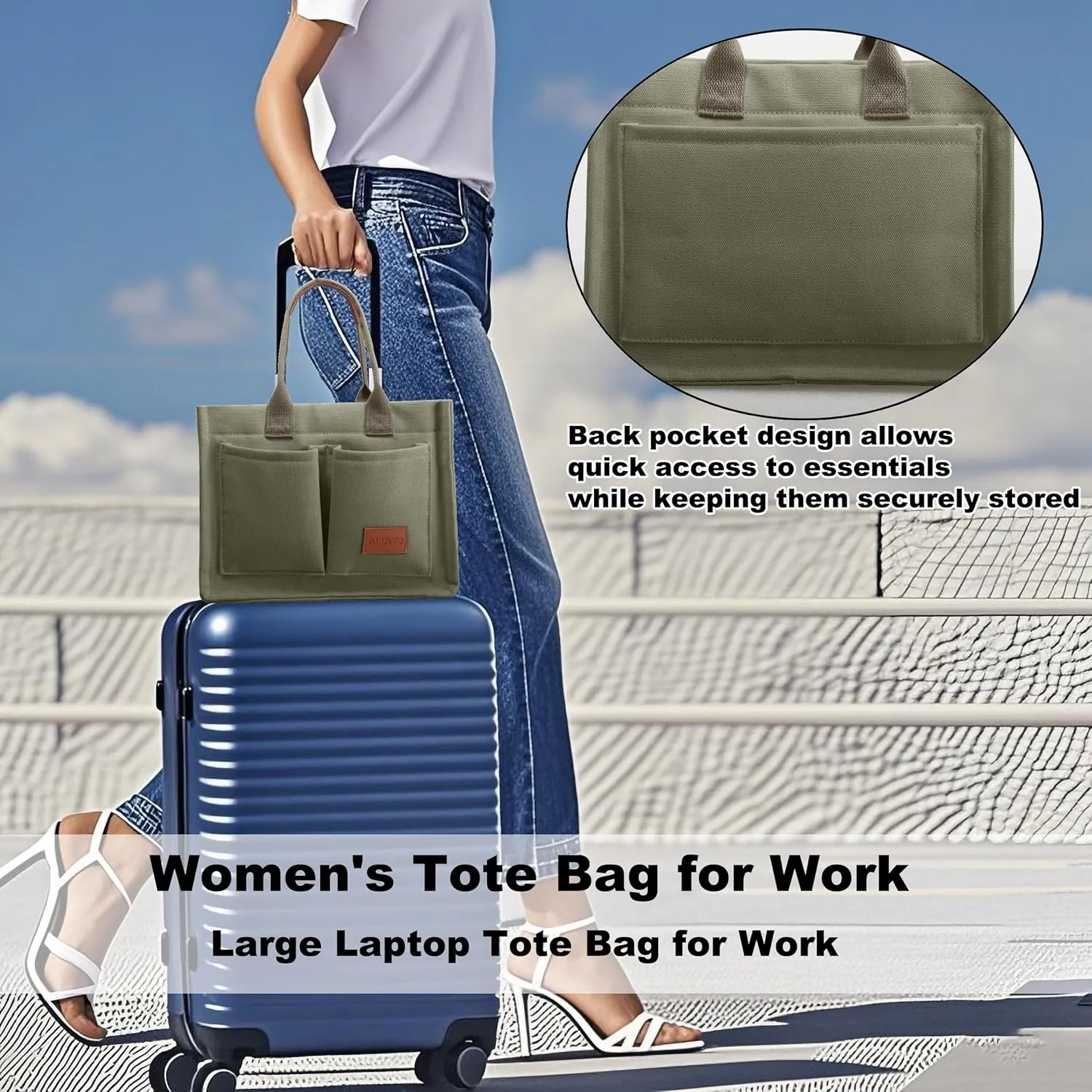 ALUWU Work Tote Bags for Women, Canvas Tote bag Womens Purse Handbags Crossbody Laptop Book Bag for Travel Nurse College Gift