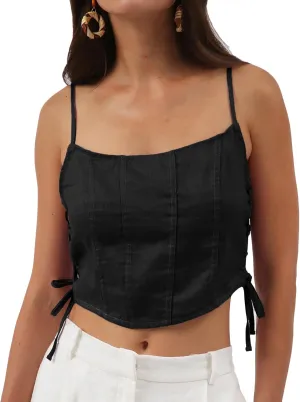 Amazhiyu Womens Pure Linen Crop Corset Top Summer Casual Floral Lace Up Bustier