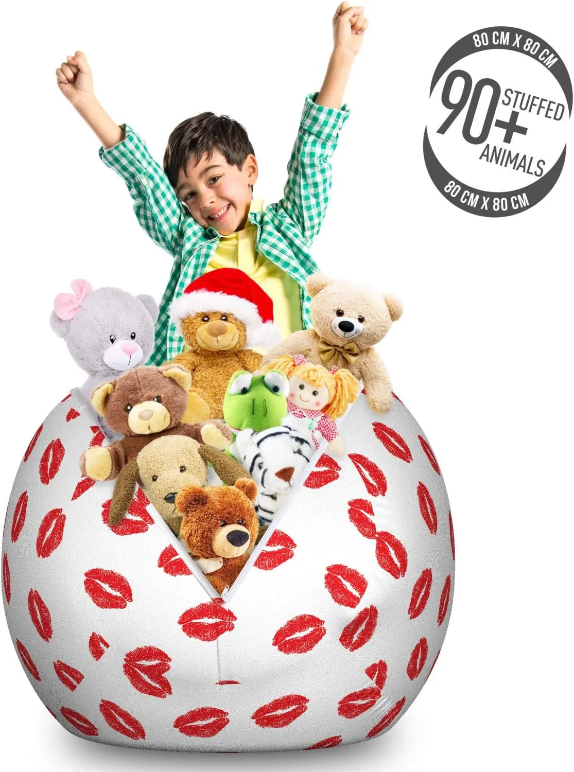 Ambesonne Lips Storage Toy Bag Chair, Kisses Imprint Inspired Repeating Pattern on Plain Background Romance, Stuffed Animal Organizer Washable Bag, Large Size, Scarlet White