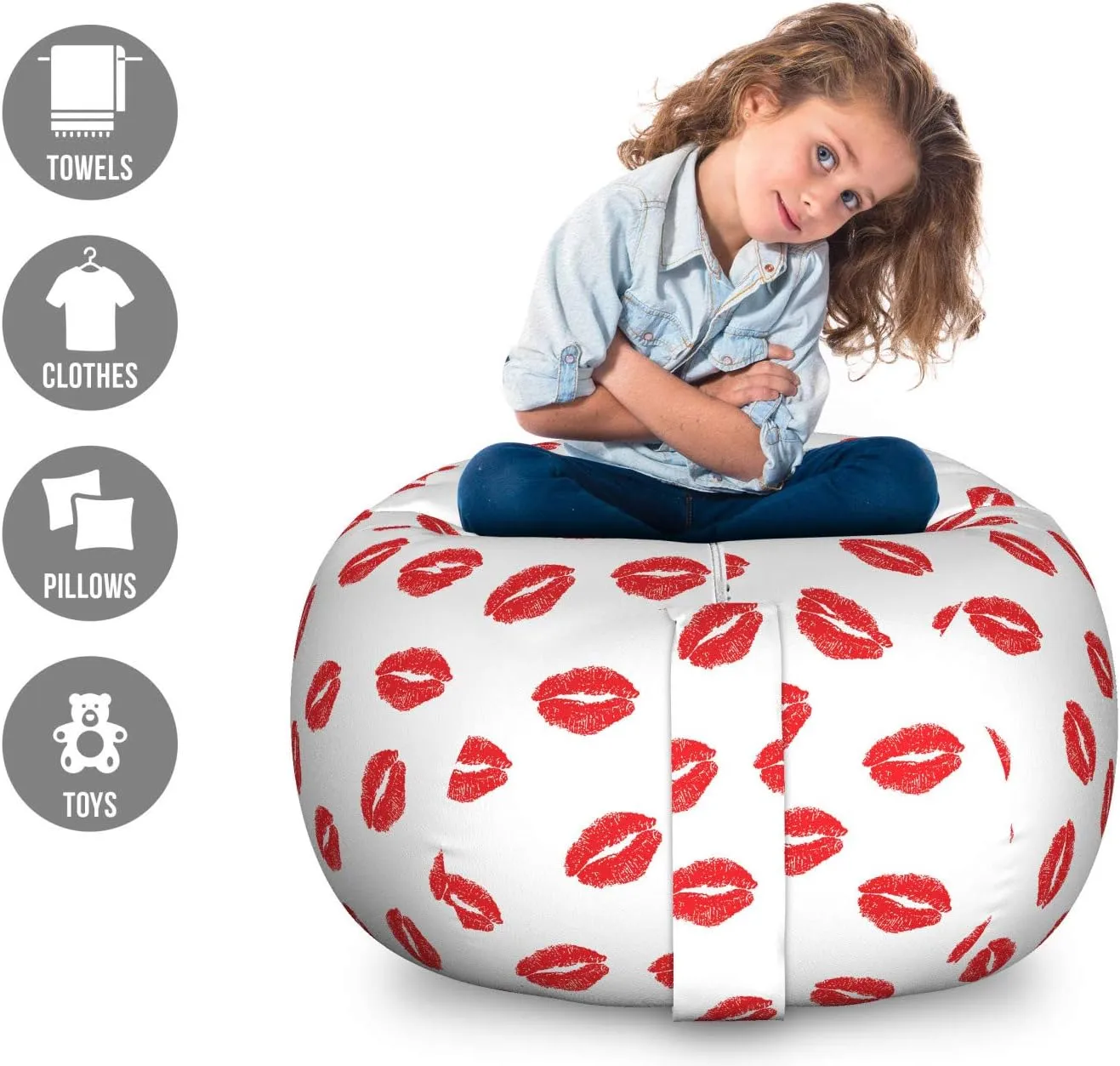 Ambesonne Lips Storage Toy Bag Chair, Kisses Imprint Inspired Repeating Pattern on Plain Background Romance, Stuffed Animal Organizer Washable Bag, Large Size, Scarlet White