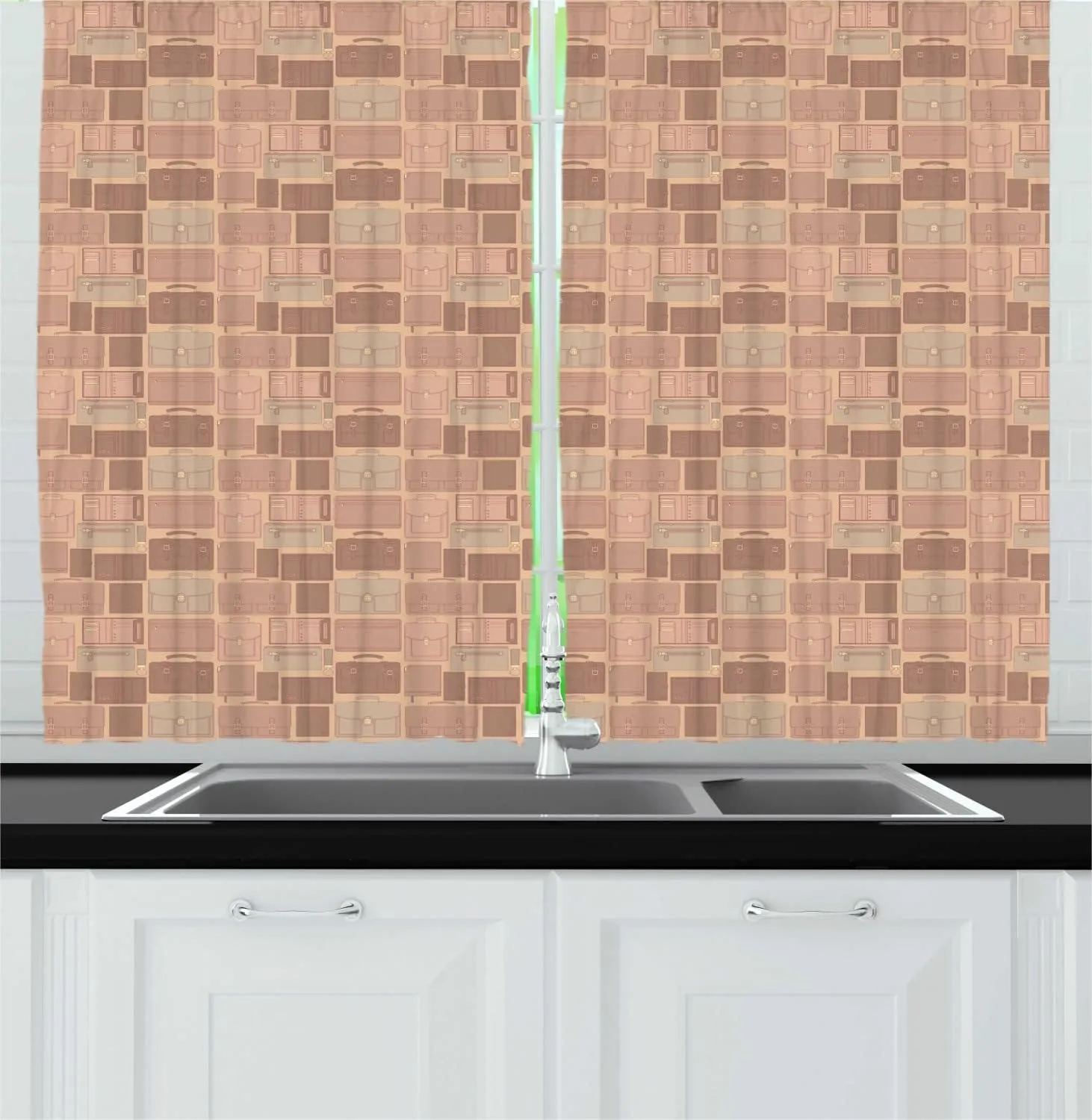 Ambesonne Retro Long Kitchen Curtains, Travel Work Theme with Leather Bags Accessories Wallet Suitcase Purse, Two Panels Drapes with Rod Pocket Room Decor, 55" x 45", Pale Salmon Mauve Taupe