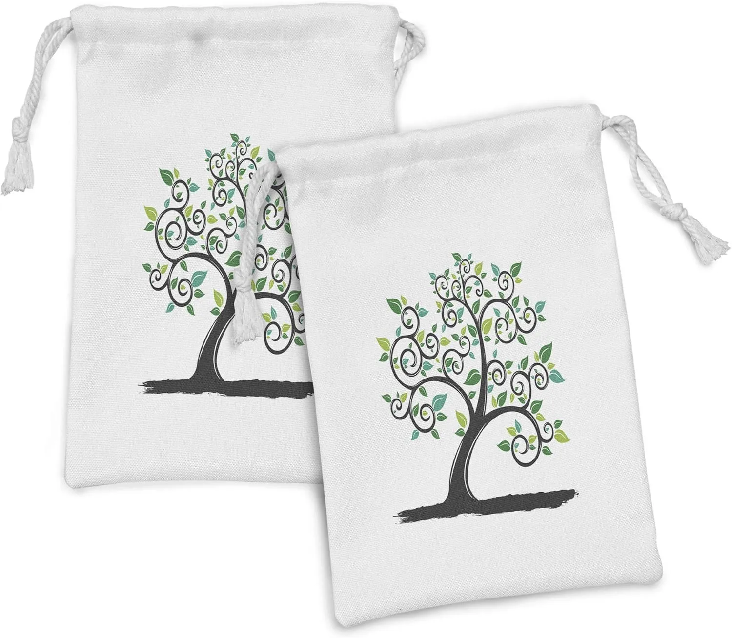 Ambesonne Tree Fabric Pouch Set of 2, Abstract Nature Interpretation Pattern on Plain Background, Small Drawstring Bag for Toiletries Masks and Favors, 9" x 6", Green Grey