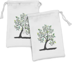 Ambesonne Tree Fabric Pouch Set of 2, Abstract Nature Interpretation Pattern on Plain Background, Small Drawstring Bag for Toiletries Masks and Favors, 9" x 6", Green Grey