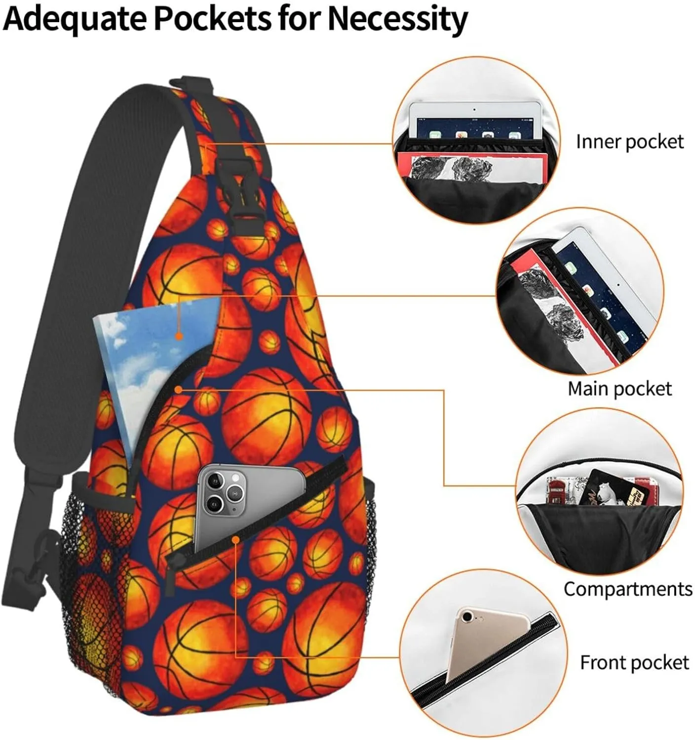 American Flag Basketball Crossbody Bag Adjustable Sling Bag Casual Chest Bags Travel Shoulder Backpack