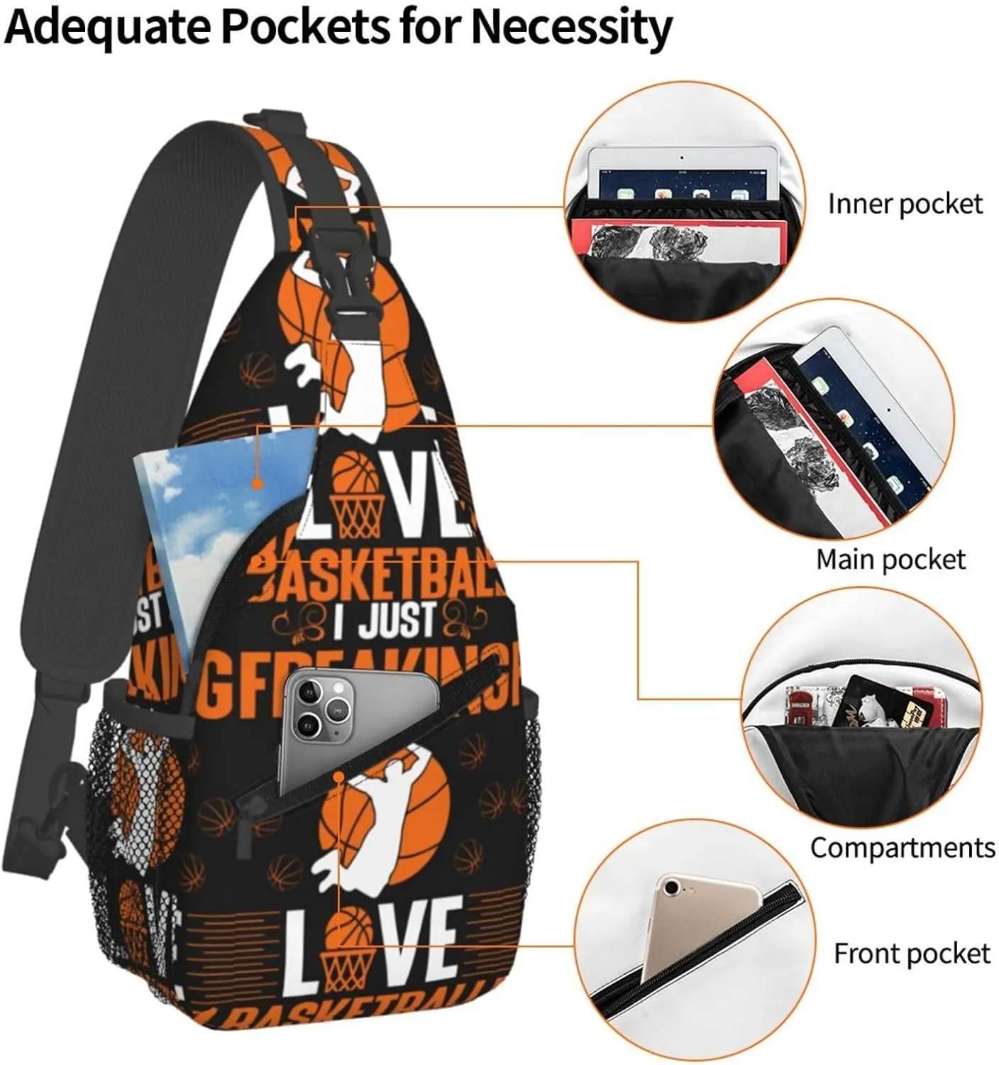 American Flag Basketball Crossbody Bag Adjustable Sling Bag Casual Chest Bags Travel Shoulder Backpack