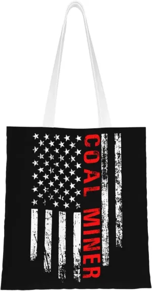 American Flag Coal Miner Tote Bag for Women Canvas Shopping Bags Reusable Large Capacity Casual Shoulder Handbags Grocery Bags DIY Gift Bags