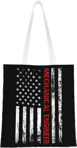 American Flag Mechanical Engineer Tote Bag for Women Canvas Shopping Bags Reusable Large Capacity Casual Shoulder Handbags Grocery Bags DIY Gift Bags