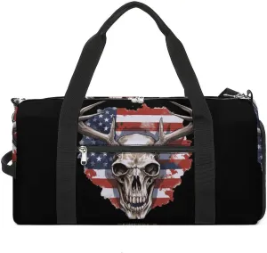 American Flag Skull Deer Sports Gym Bag Lightweight Travel Duffel Bag Workout Bags Casual Weekender Bag for Men Women