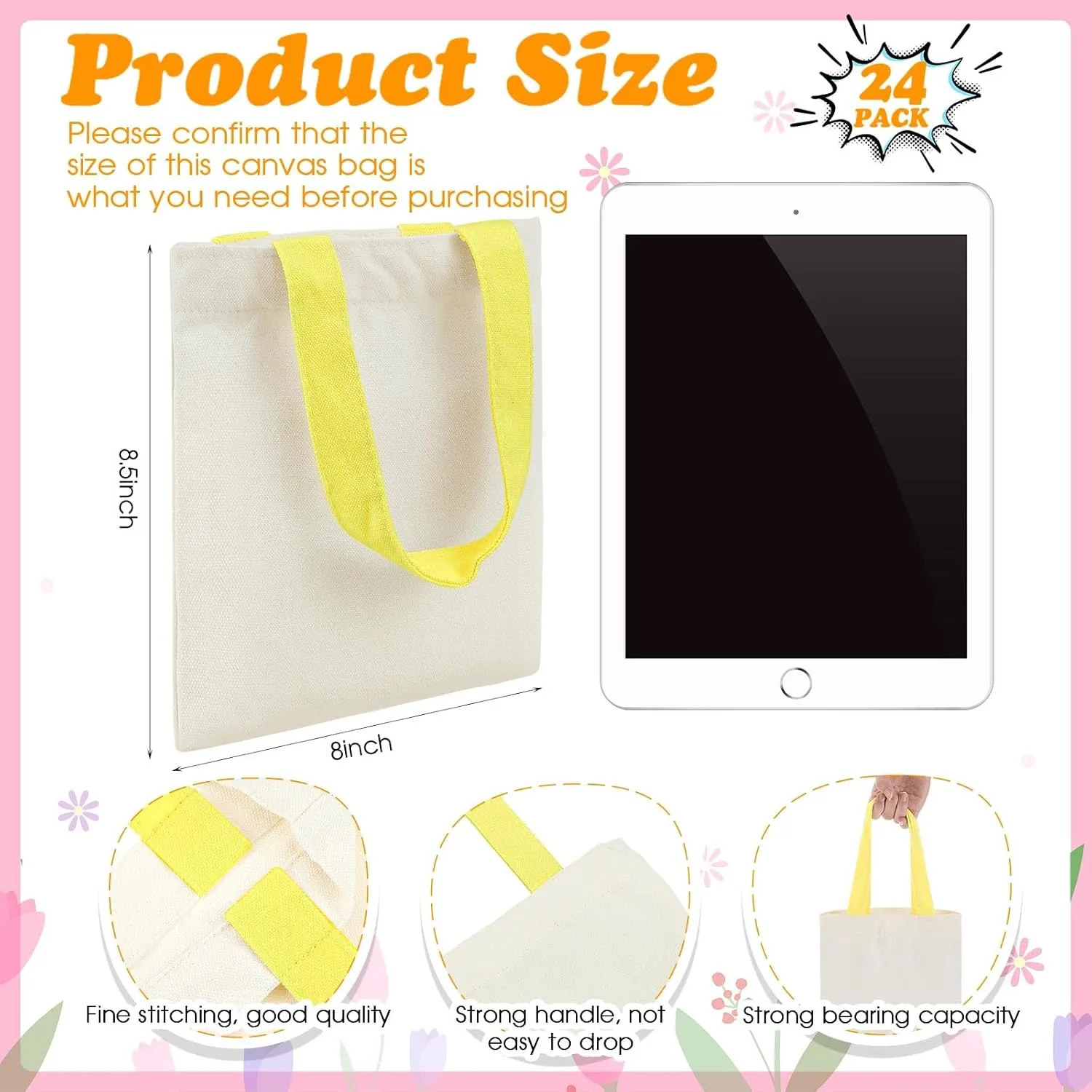 Amylove 24 Pcs Mini Tote Bag Sublimation Blank Canvas Tote Bags Reusable Grocery Luggage DIY Sack Goody for Party Even (8.5 x 8 Inch,Natural with Colorful Handle)