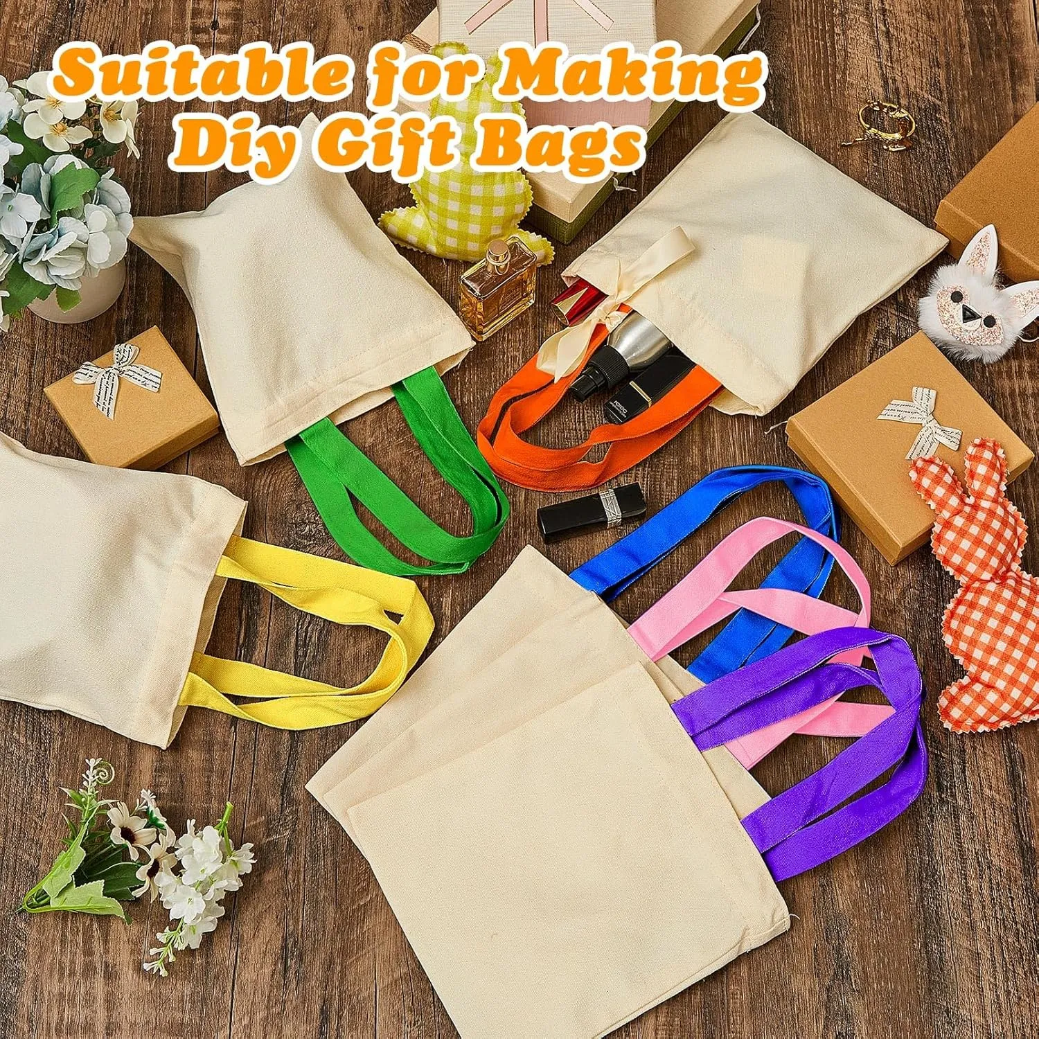 Amylove 24 Pcs Mini Tote Bag Sublimation Blank Canvas Tote Bags Reusable Grocery Luggage DIY Sack Goody for Party Even (8.5 x 8 Inch,Natural with Colorful Handle)