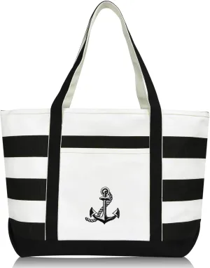 Anchor With Rope Womens Embroidered Striped Tote Bag Premium Cotton