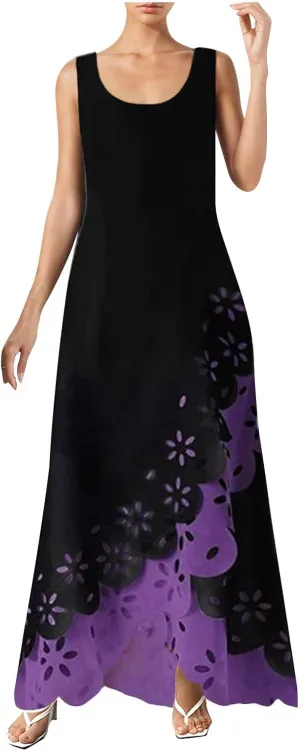 and Blue Floral Sleeveless Maxi Dress for Women with V-Neck and Elegant Design