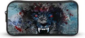 Angry Wolf Flaming Head Pencil Case Funny Pencil Bag High Capacity Storage Pouch Portable Pen Organizer