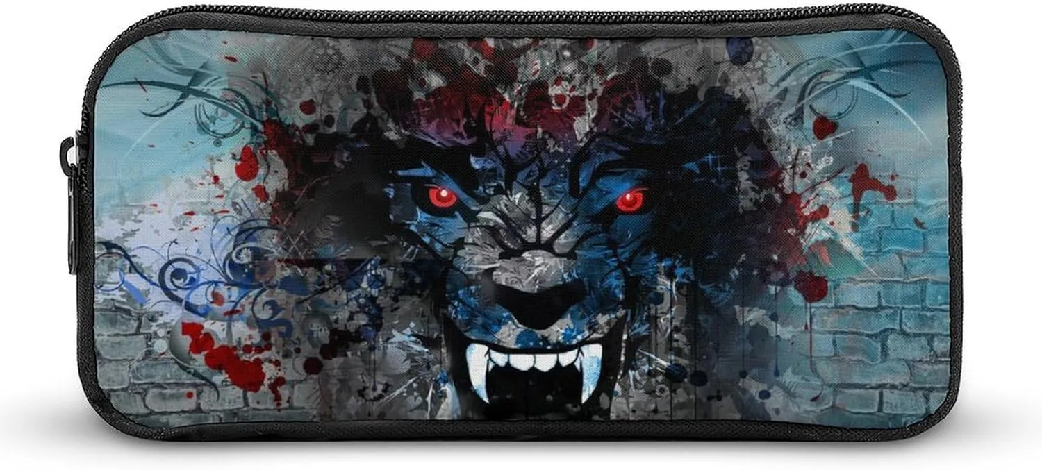 Angry Wolf Flaming Head Pencil Case Funny Pencil Bag High Capacity Storage Pouch Portable Pen Organizer