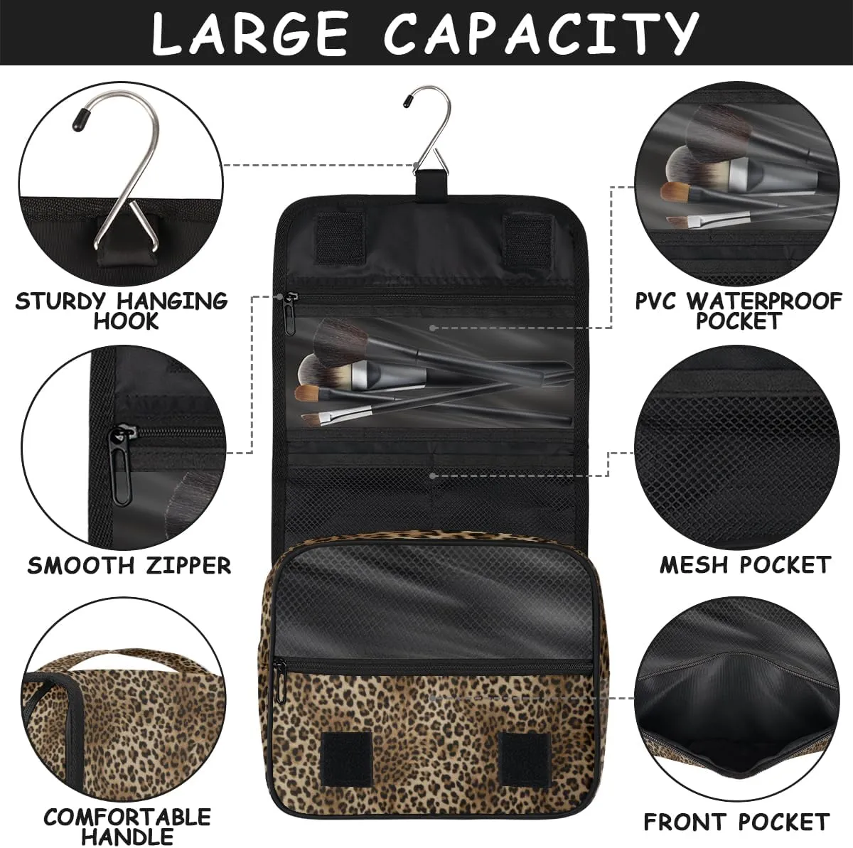 Animal Leopard Skin Makeup Bag Travel Cosmetic Bag with Zipper Pocket and Handle Travel Makeup Organizer Bag Water-resistant Toiletry Bags for Traveling Women Men Ladies Girls