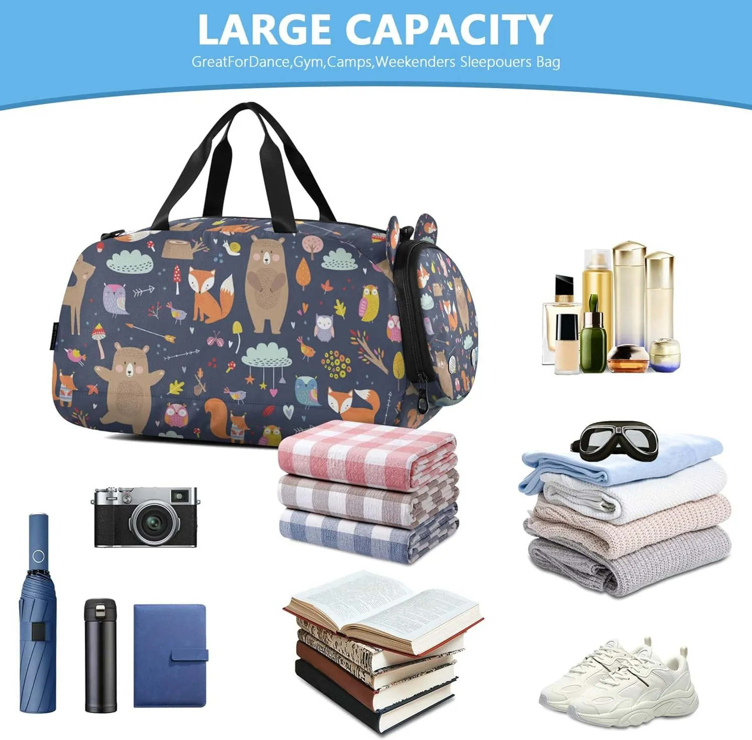 Animals Cute Autumn Kids Duffel Bag with Shoes Compartment Multifunctional Travel Duffel Bag for Travel, Sports, Fitness & Workout