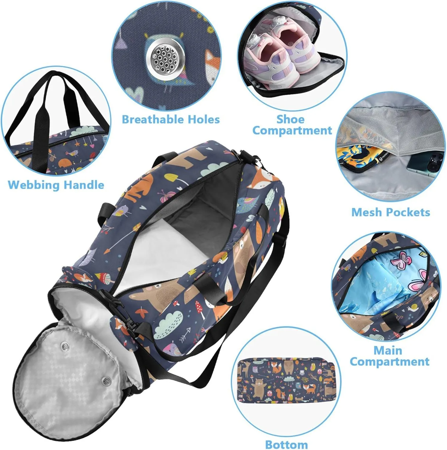Animals Cute Autumn Kids Duffel Bag with Shoes Compartment Multifunctional Travel Duffel Bag for Travel, Sports, Fitness & Workout