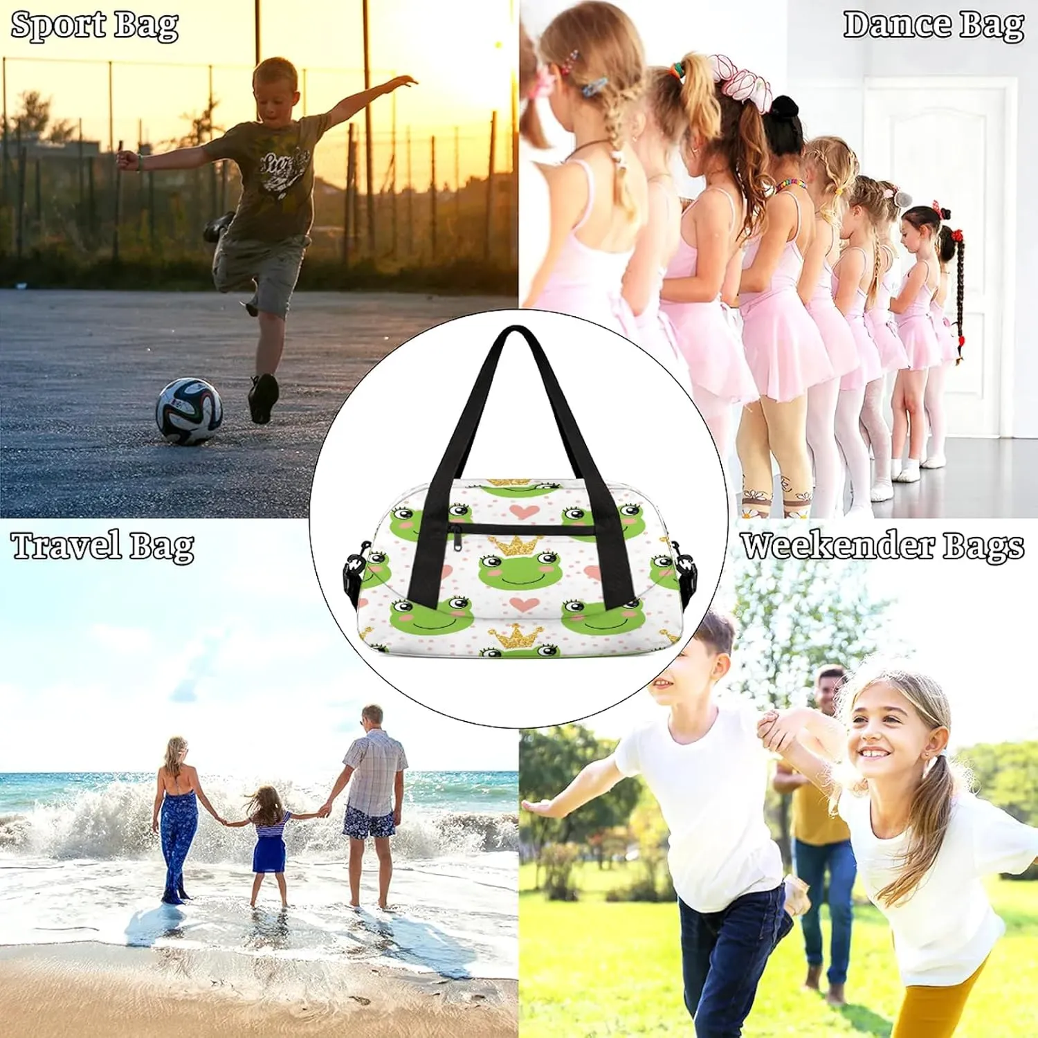 Animals Frogs Pattern Kids Duffel Bag Lightweight Waterproof Sports Gym Bag with Front Zipper Pocket Foldable Weekender Overnight Bag for School Practice Gymnastic Ballet