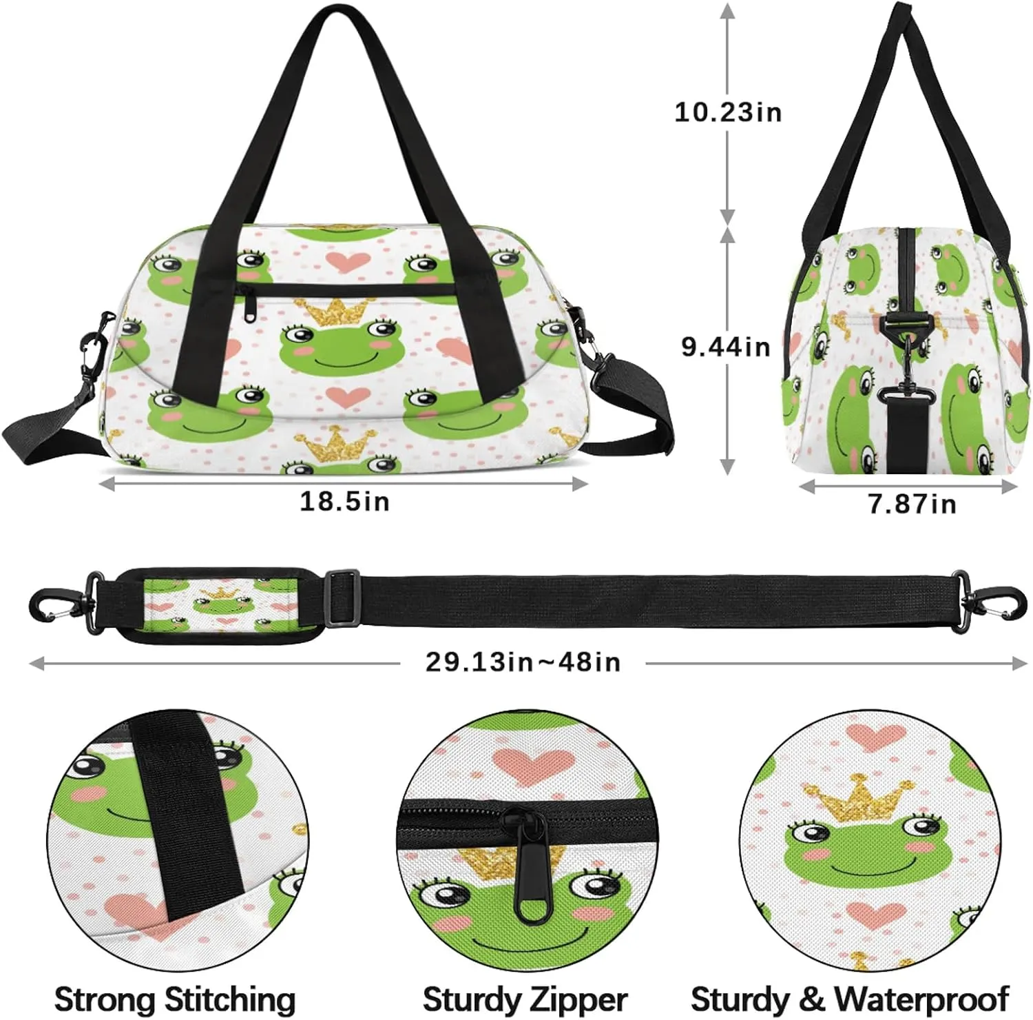 Animals Frogs Pattern Kids Duffel Bag Lightweight Waterproof Sports Gym Bag with Front Zipper Pocket Foldable Weekender Overnight Bag for School Practice Gymnastic Ballet