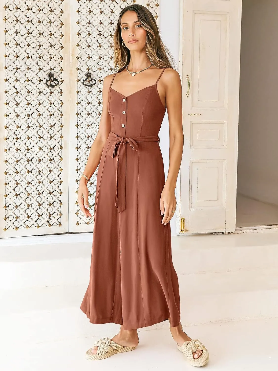 ANRABESS Jumpsuits for Women 2024 Summer Casual Linen Wide Leg V Neck Beach Rompers Dressy Spaghetti Strap Overalls