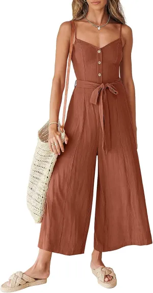 ANRABESS Jumpsuits for Women 2024 Summer Casual Linen Wide Leg V Neck Beach Rompers Dressy Spaghetti Strap Overalls