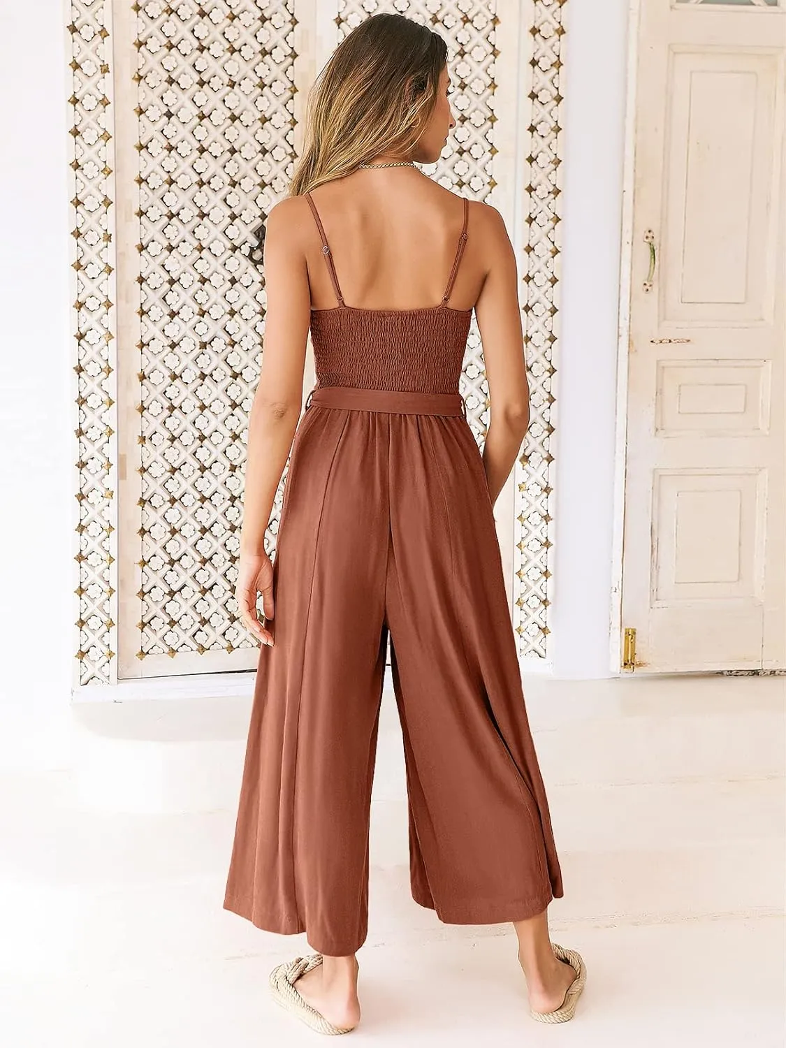 ANRABESS Jumpsuits for Women 2024 Summer Casual Linen Wide Leg V Neck Beach Rompers Dressy Spaghetti Strap Overalls