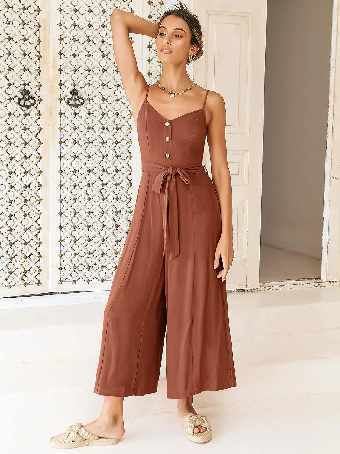 ANRABESS Jumpsuits for Women 2024 Summer Casual Linen Wide Leg V Neck Beach Rompers Dressy Spaghetti Strap Overalls