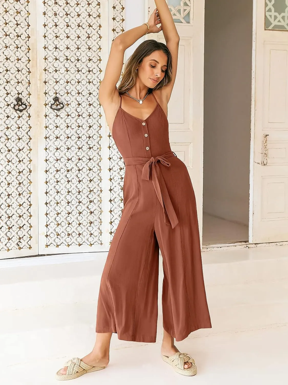 ANRABESS Jumpsuits for Women 2024 Summer Casual Linen Wide Leg V Neck Beach Rompers Dressy Spaghetti Strap Overalls