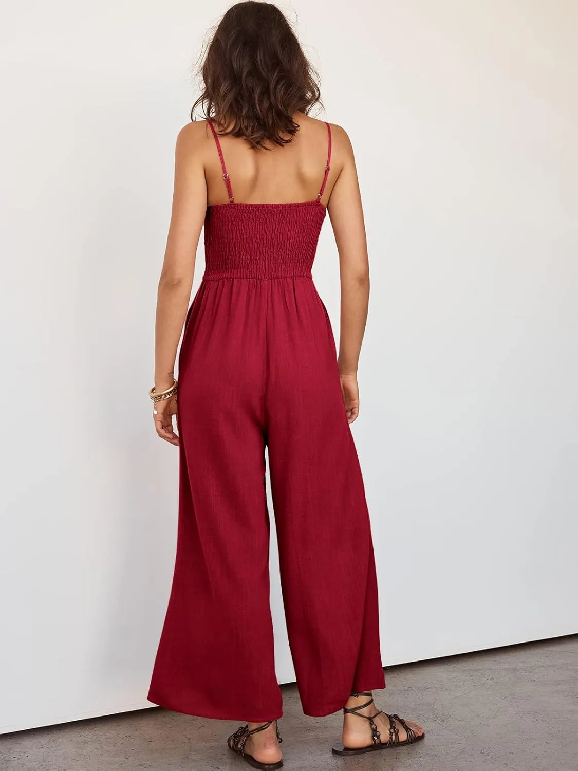 ANRABESS Womens Jumpsuit Summer Beach Vacation Romper 2025 V Neck Sleevelsee Spaghetti Strap Cutout Linen Wide Leg Clothes